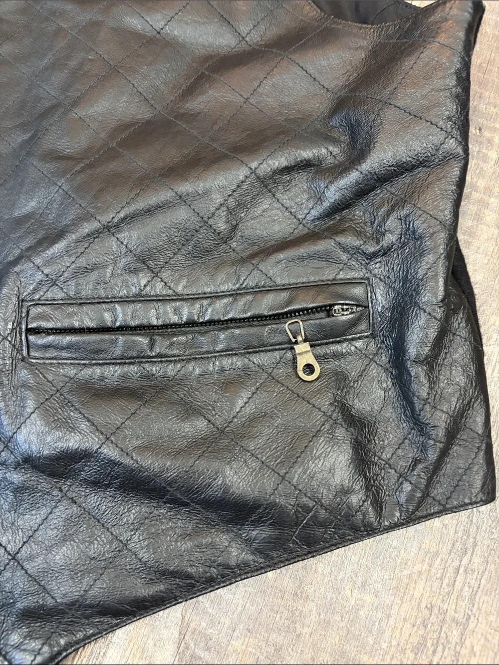 Vintage Black Quilted Leather Vest with Zip Pockets